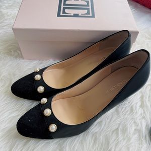 Ivanka Trump Landri Leather and Suede Faux Pearl Embellished Cap Toe Pumps